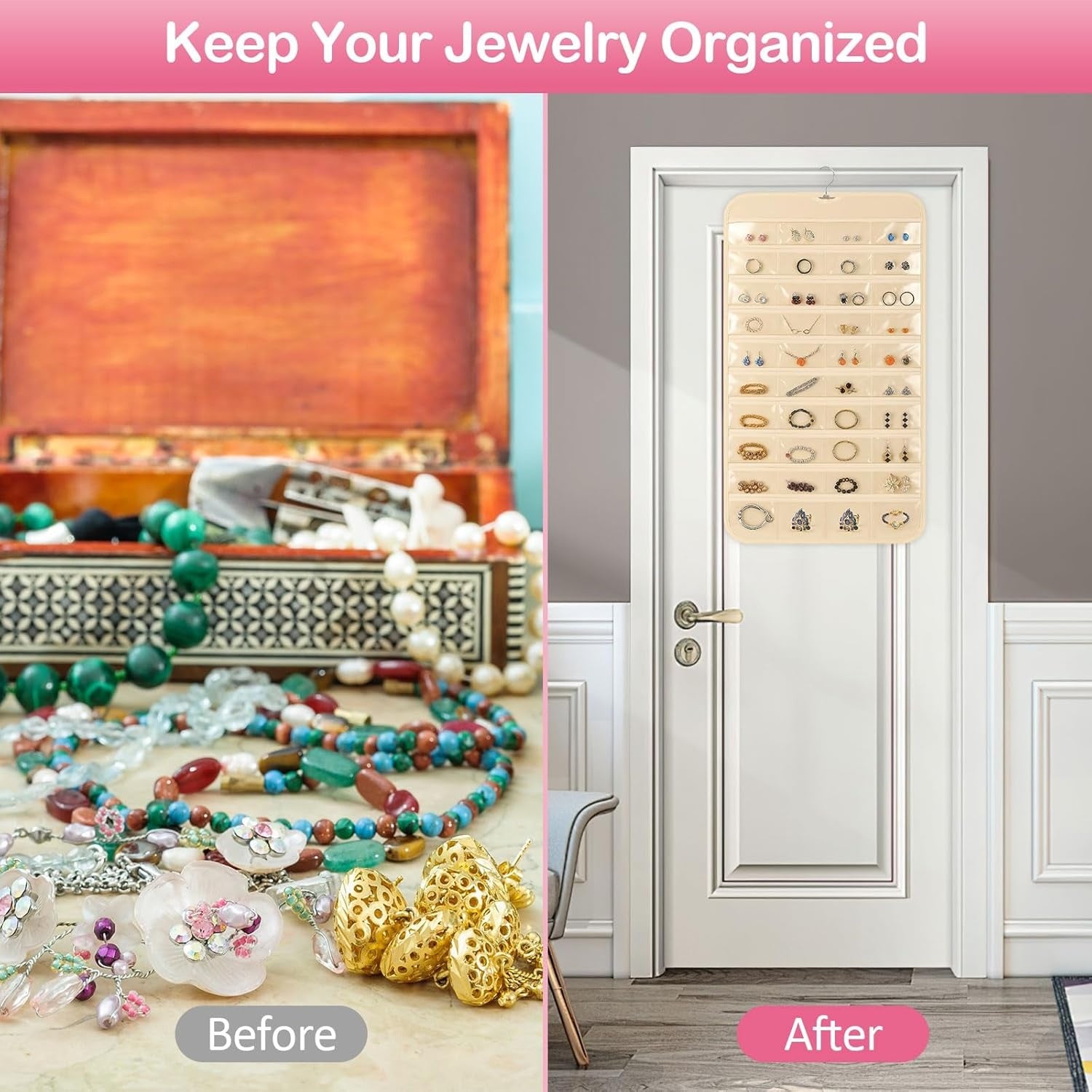 Hanging Jewelry Organizer with 80 Clear Pockets