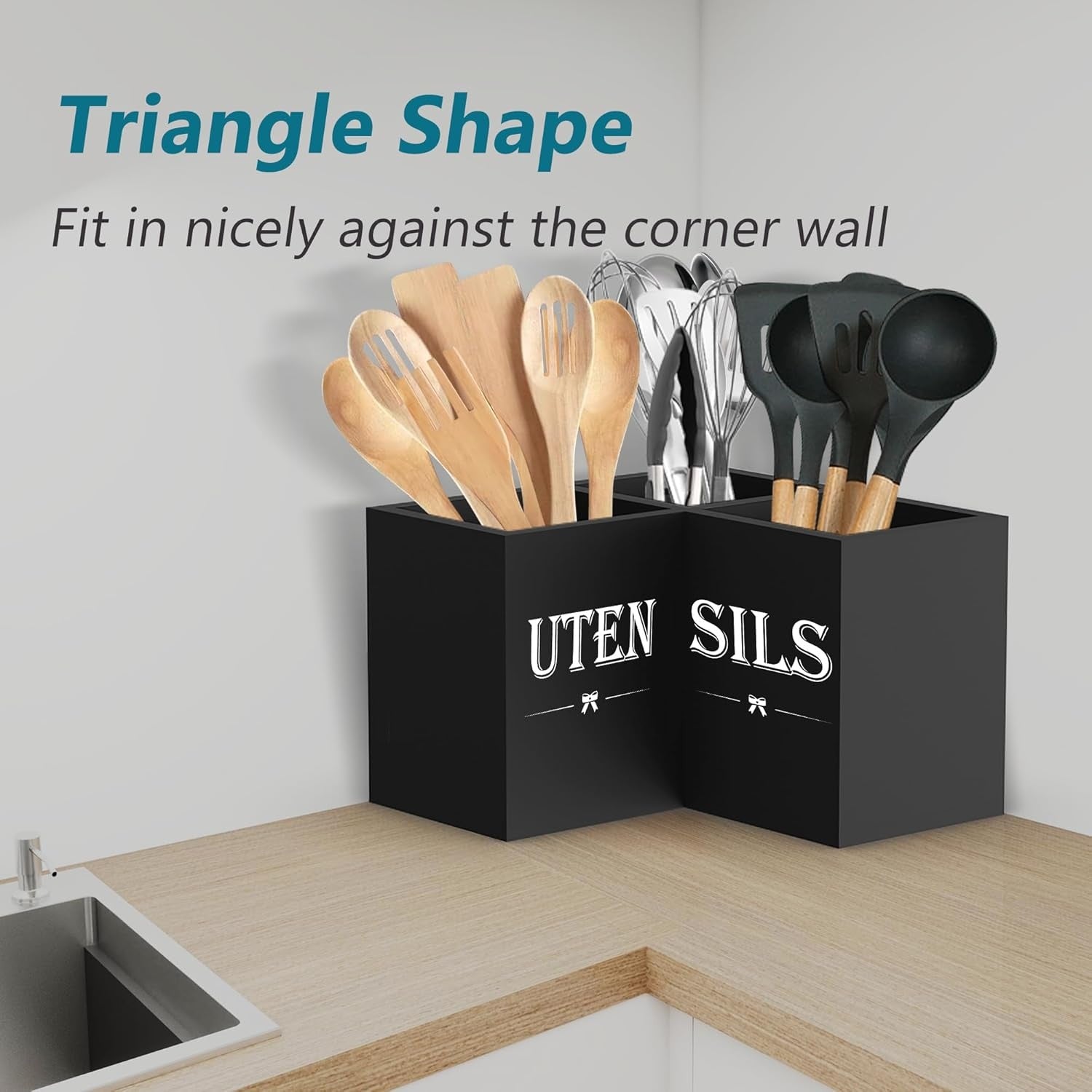 Extra Large Wooden Kitchen Utensil Holder with 3 Compartments Countertop Organizer
