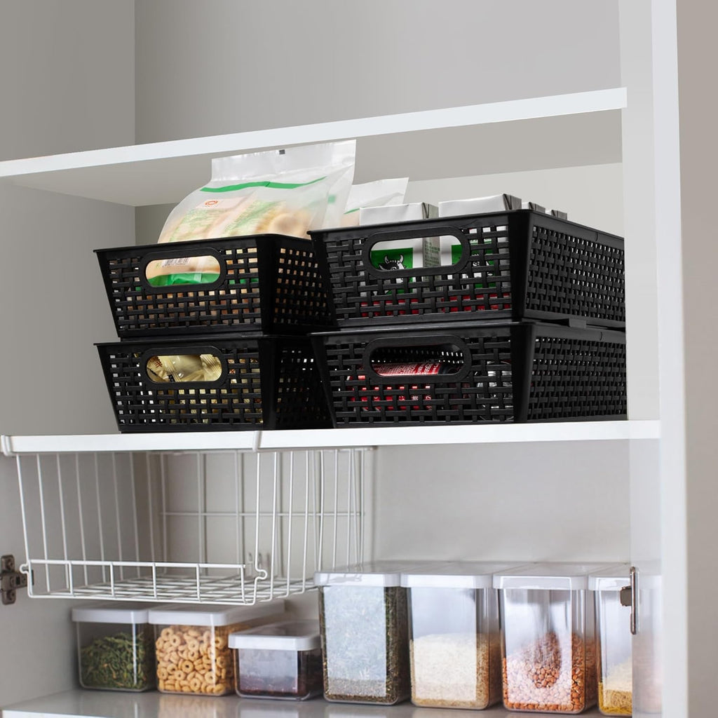 Pack of 6 Stackable Woven Plastic Storage Baskets Pantry Organizer Bins