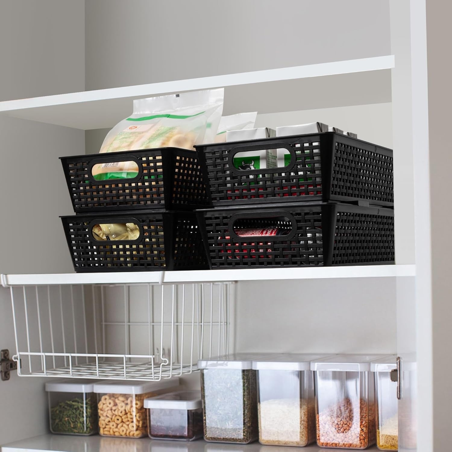 Pack of 6 Stackable Woven Plastic Storage Baskets Pantry Organizer Bins