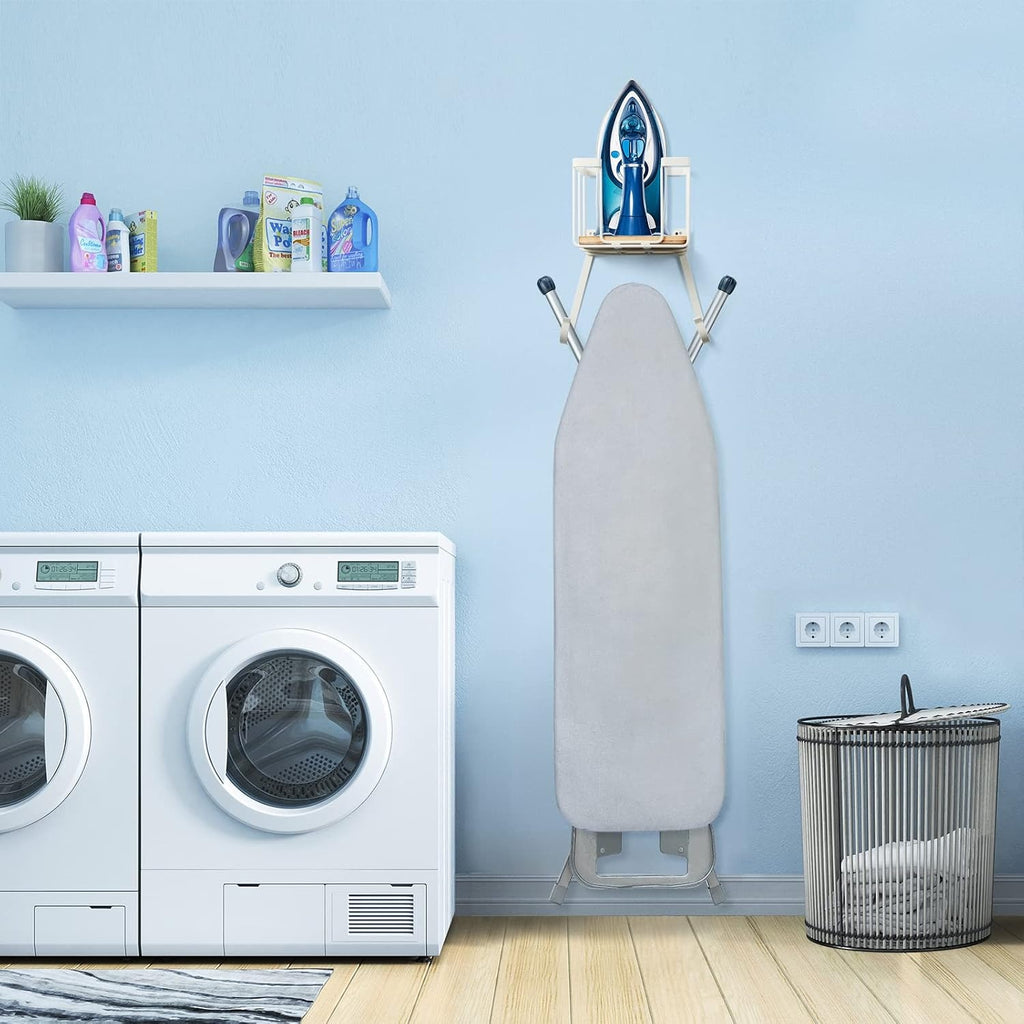 Wall Mount Ironing Board Holder with Storage Basket Over-the-Door Organizer