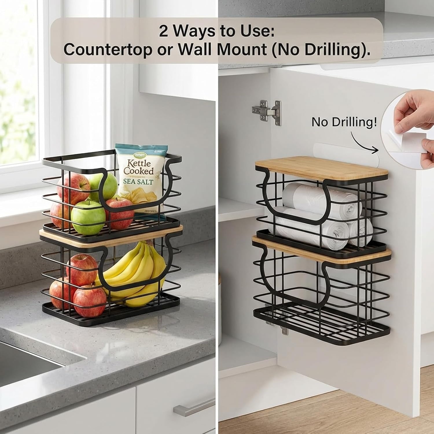 Pack of 2 Stackable Trash Bag Holder with Natural Fiber Top