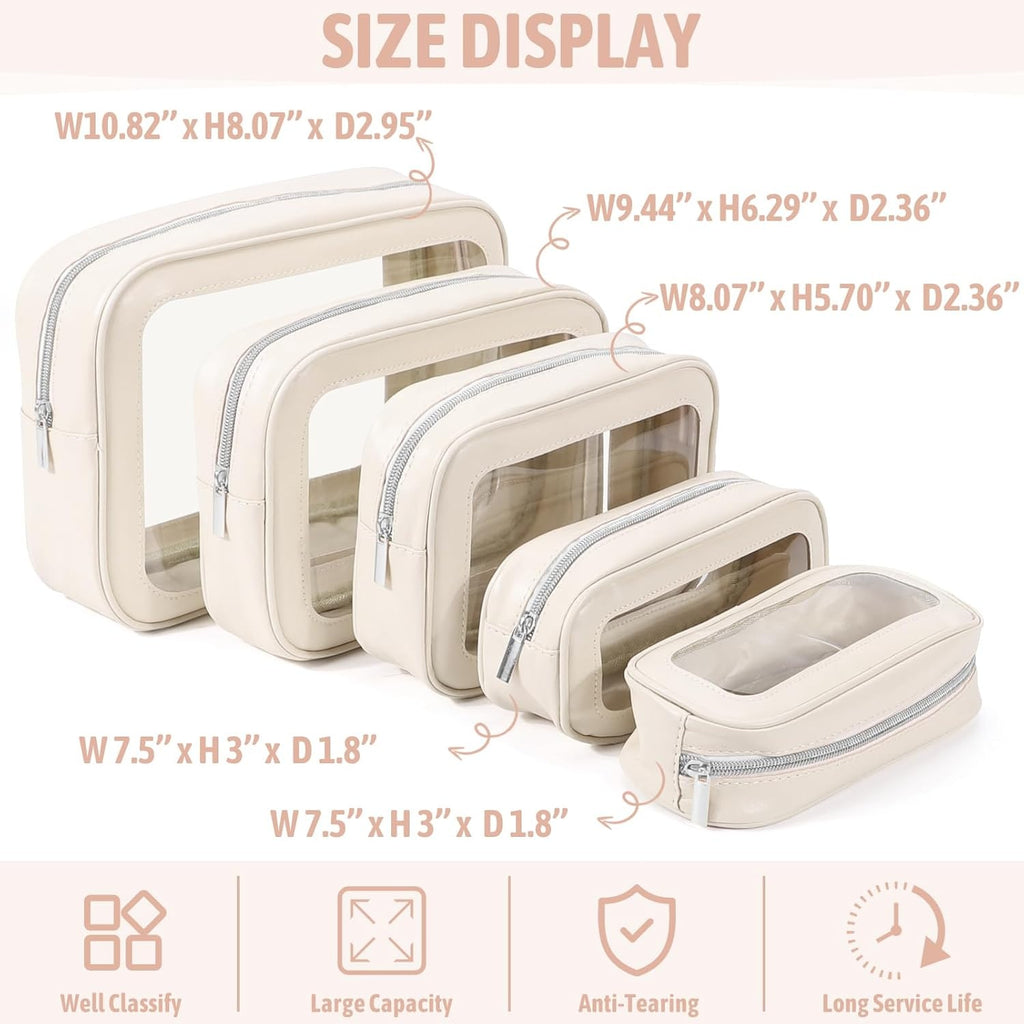 Pack of 5 Clear Waterproof Makeup and Toiletry Bag Set Organizer Pouches