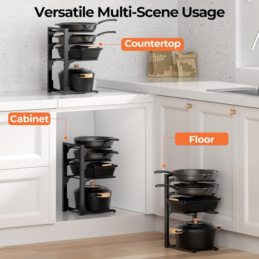 4 Tier Pots and Pans Organizer Rack Adjustable Under Cabinet Cookware Holder