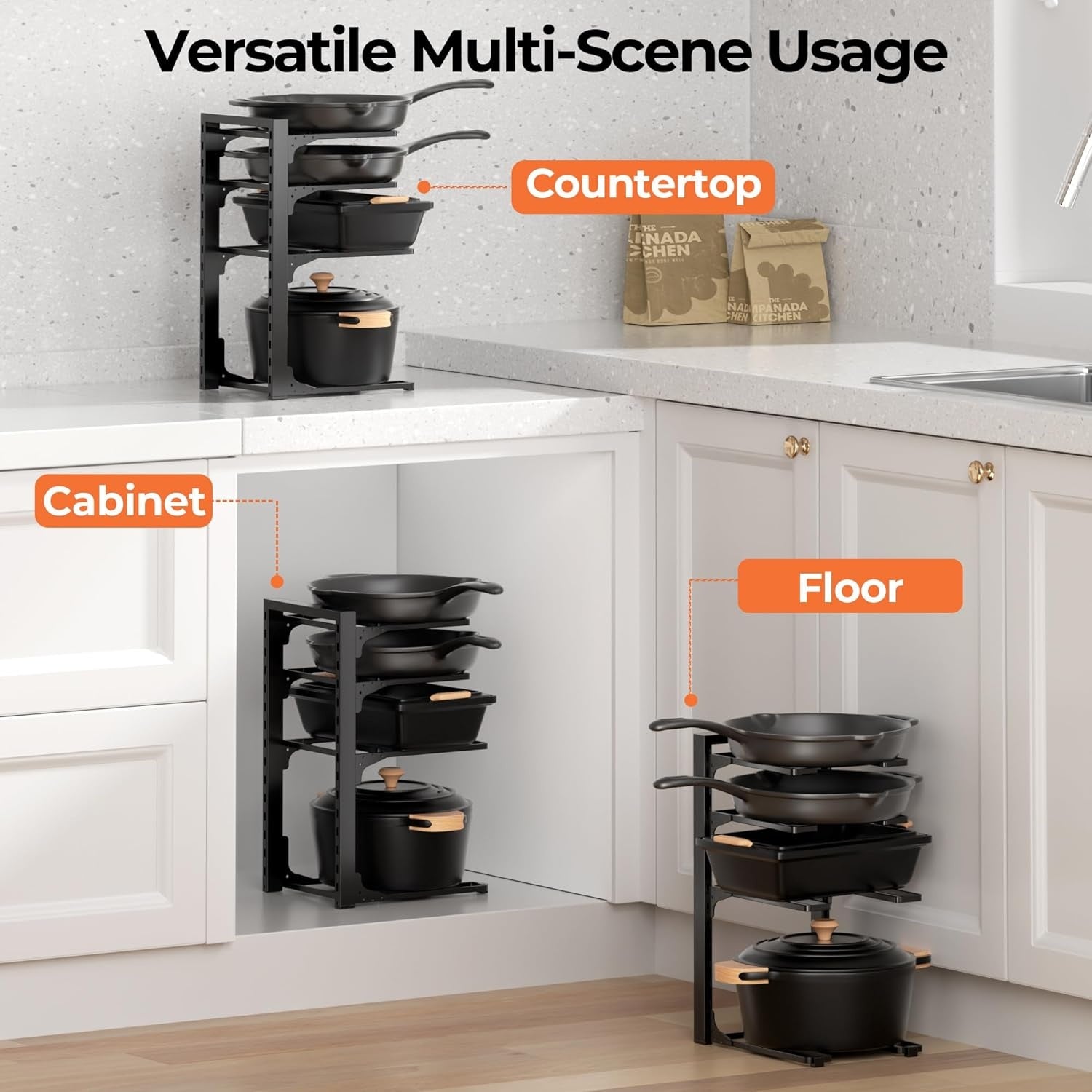 4 Tier Pots and Pans Organizer Rack Adjustable Under Cabinet Cookware Holder