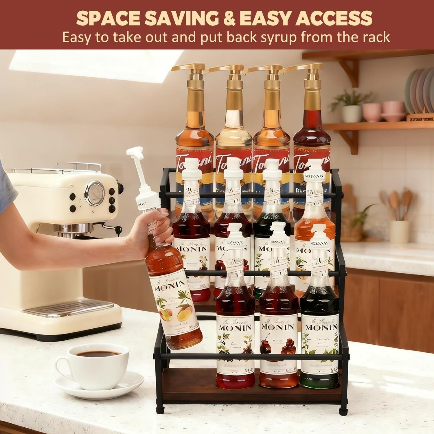 Coffee Syrup Rack Organizer Metal Bottle Holder Rustic Countertop Display Shelf