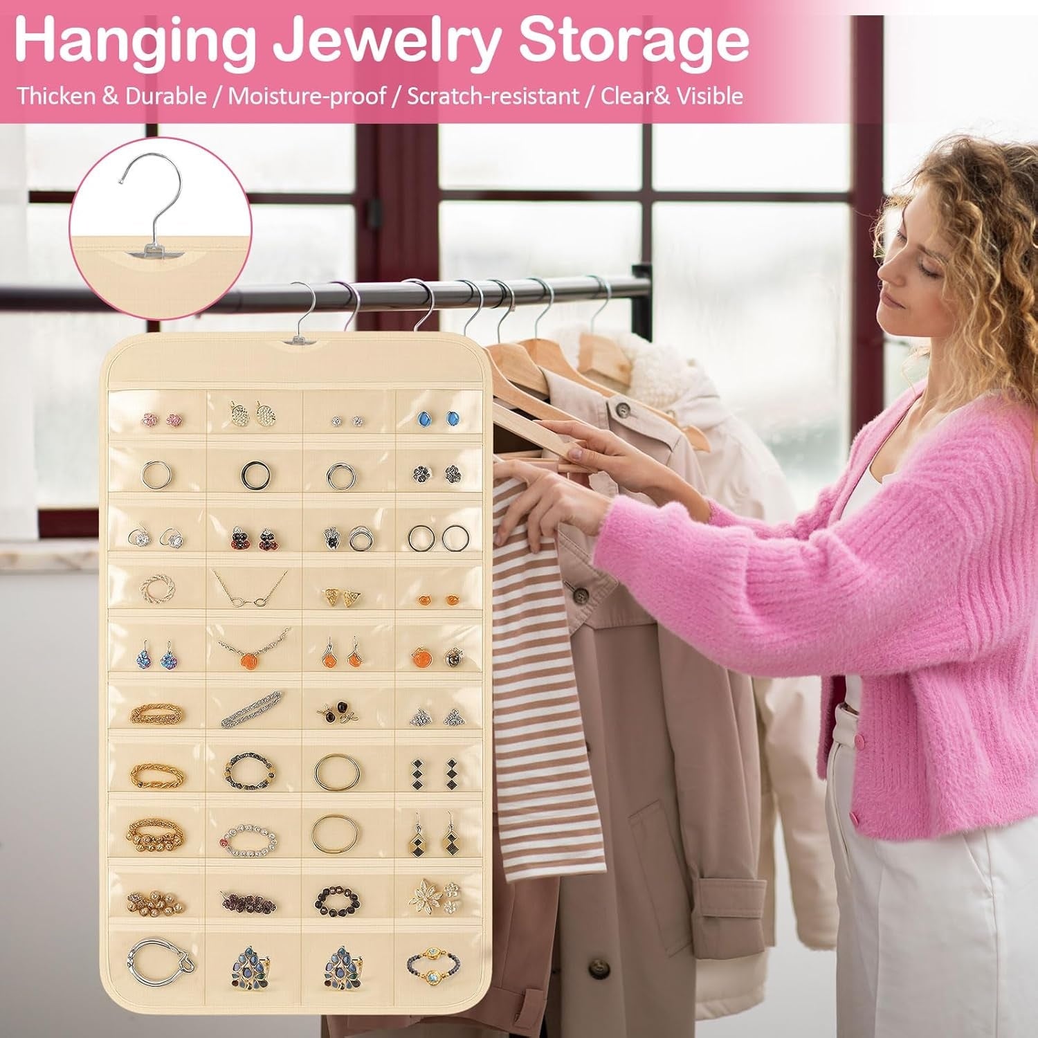 Hanging Jewelry Organizer with 80 Clear Pockets