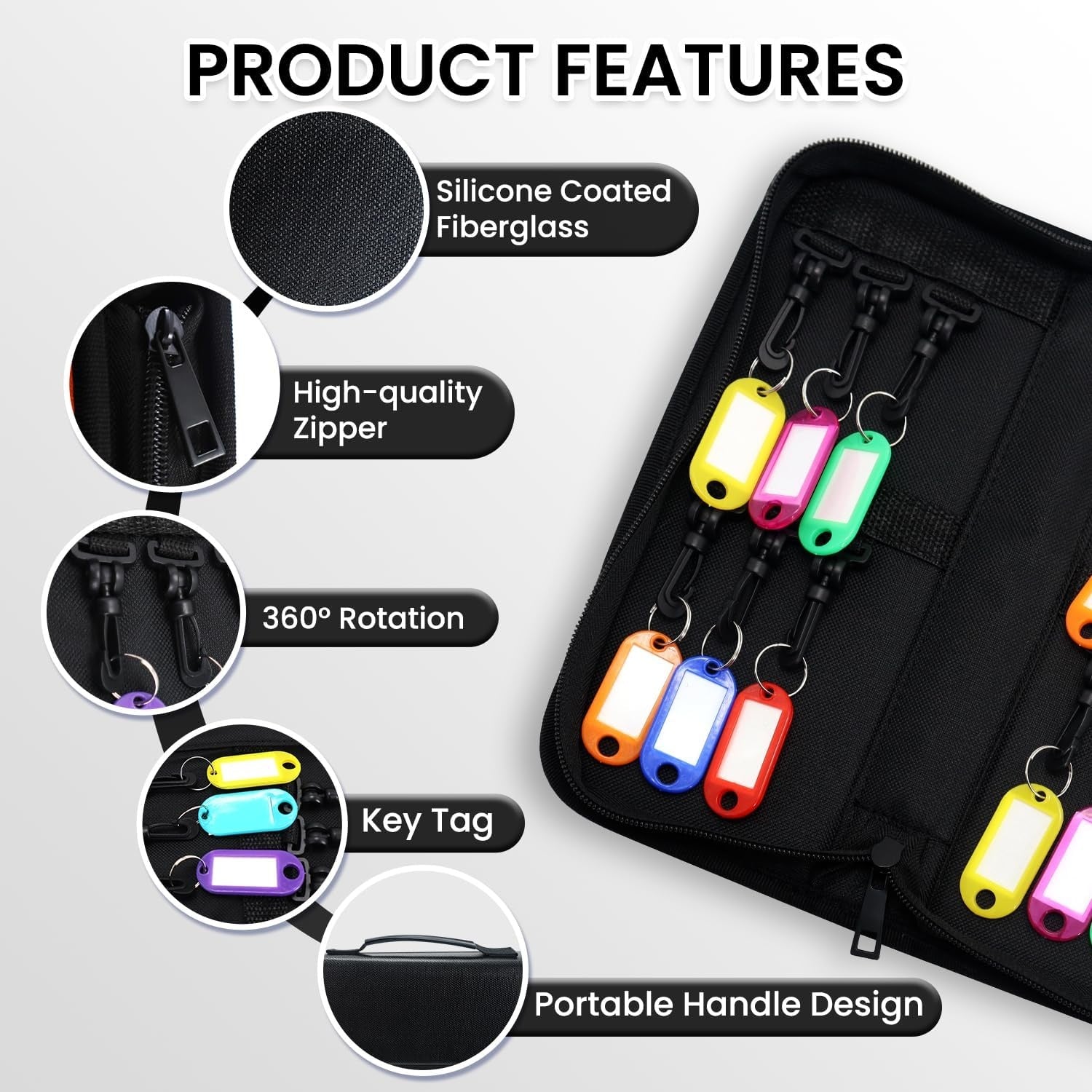 Waterproof Zippered Key Case with 12 Hooks and Tags Portable Key Organizer