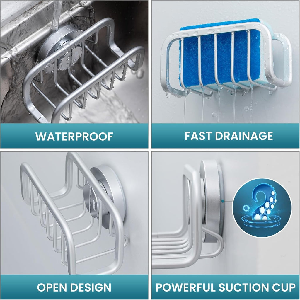 Kitchen Sink Sponge Holder with Strong Suction Cup Rustproof Aluminum Caddy