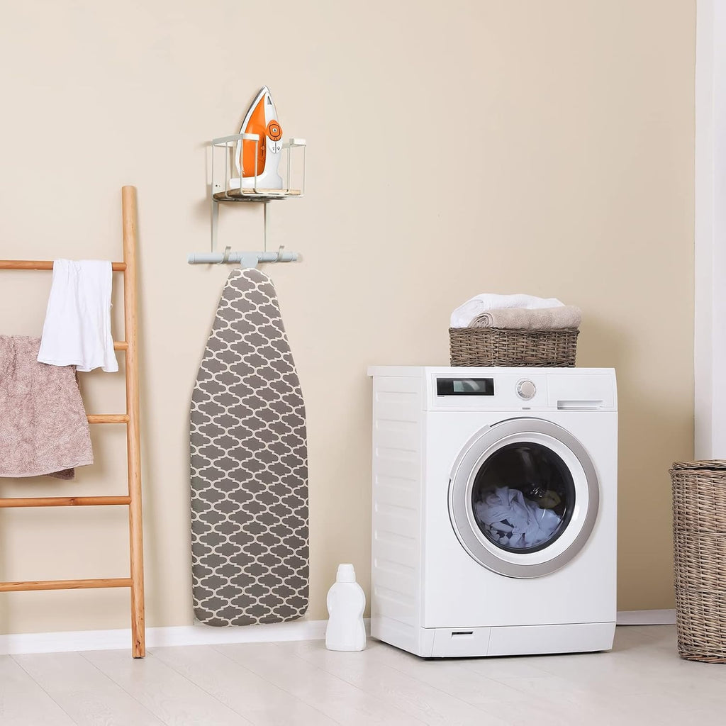 Wall Mount Ironing Board Holder with Storage Basket Over-the-Door Organizer