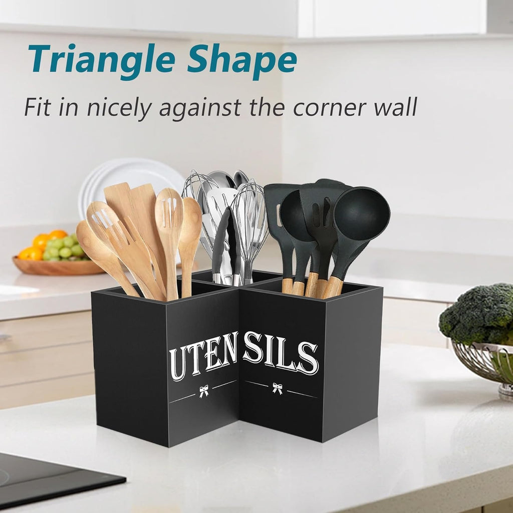 Extra Large Wooden Kitchen Utensil Holder with 3 Compartments Countertop Organizer