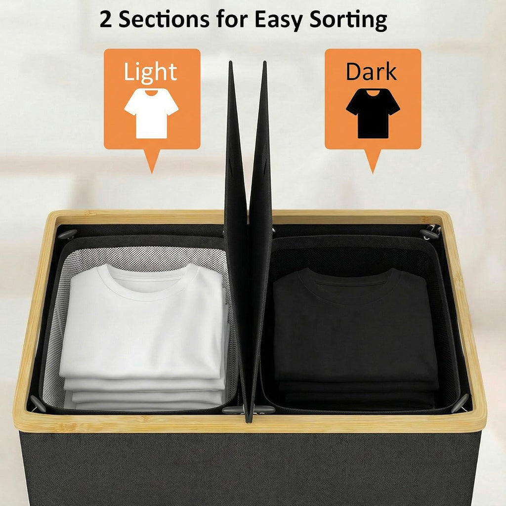 140L Double Laundry Hamper with Lid 2 Removable Bags Bamboo Handles Laundry Basket