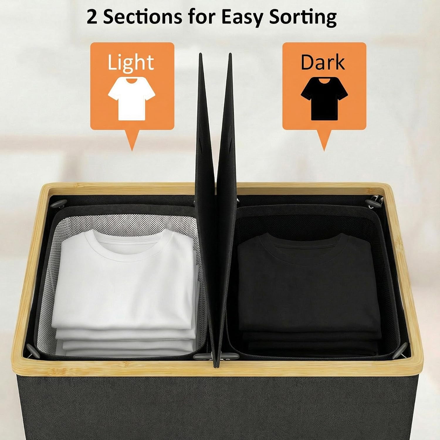 140L Double Laundry Hamper with Lid 2 Removable Bags Bamboo Handles Laundry Basket