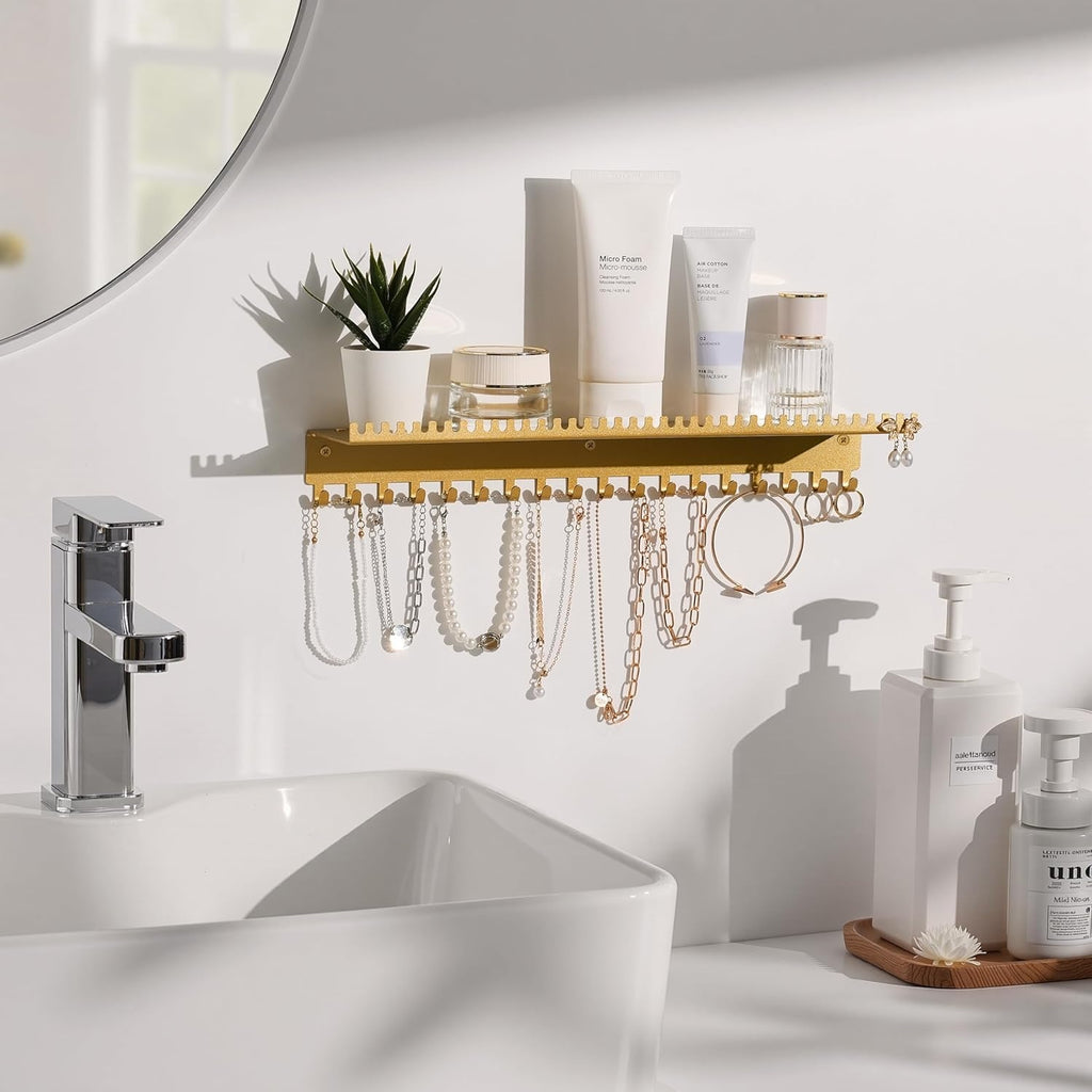 Wall Mounted Necklace Holder Jewelry Organizer Shelf with 56 Hooks and Tray