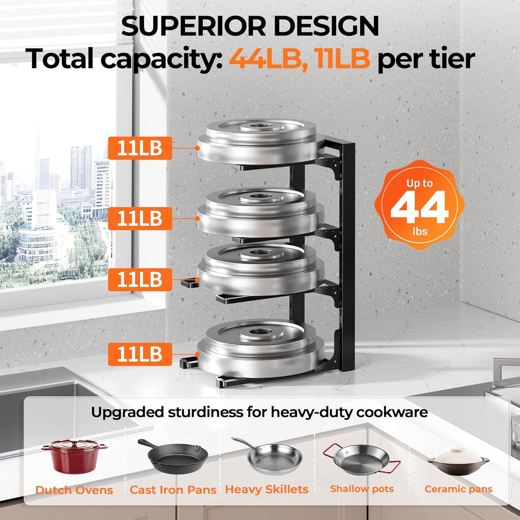 4 Tier Pots and Pans Organizer Rack Adjustable Under Cabinet Cookware Holder