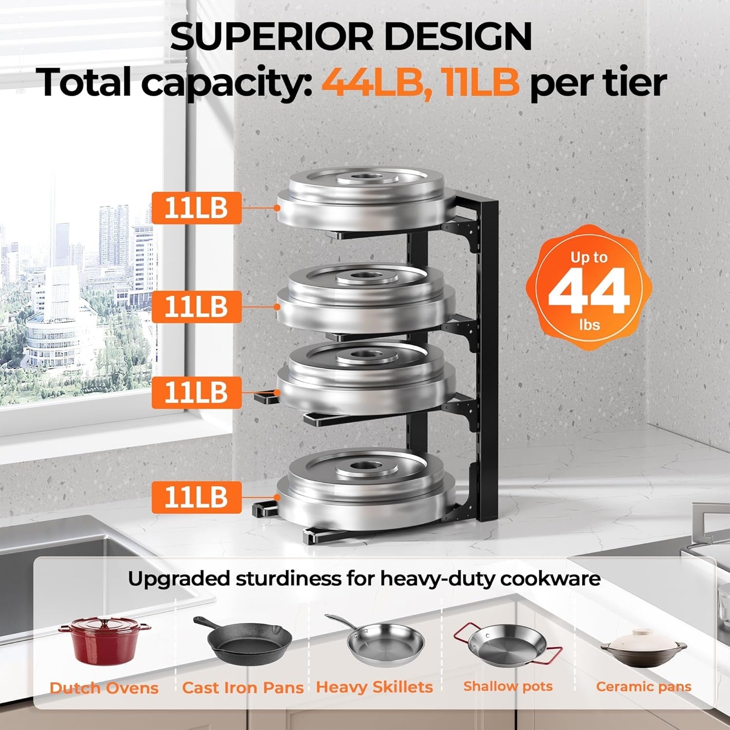 4 Tier Pots and Pans Organizer Rack Adjustable Under Cabinet Cookware Holder