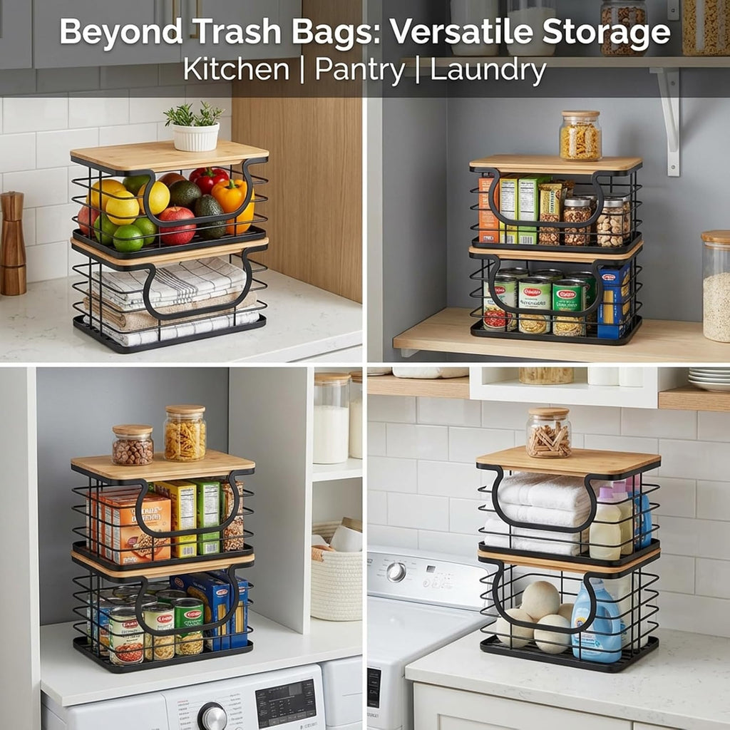 Pack of 2 Stackable Trash Bag Holder with Natural Fiber Top