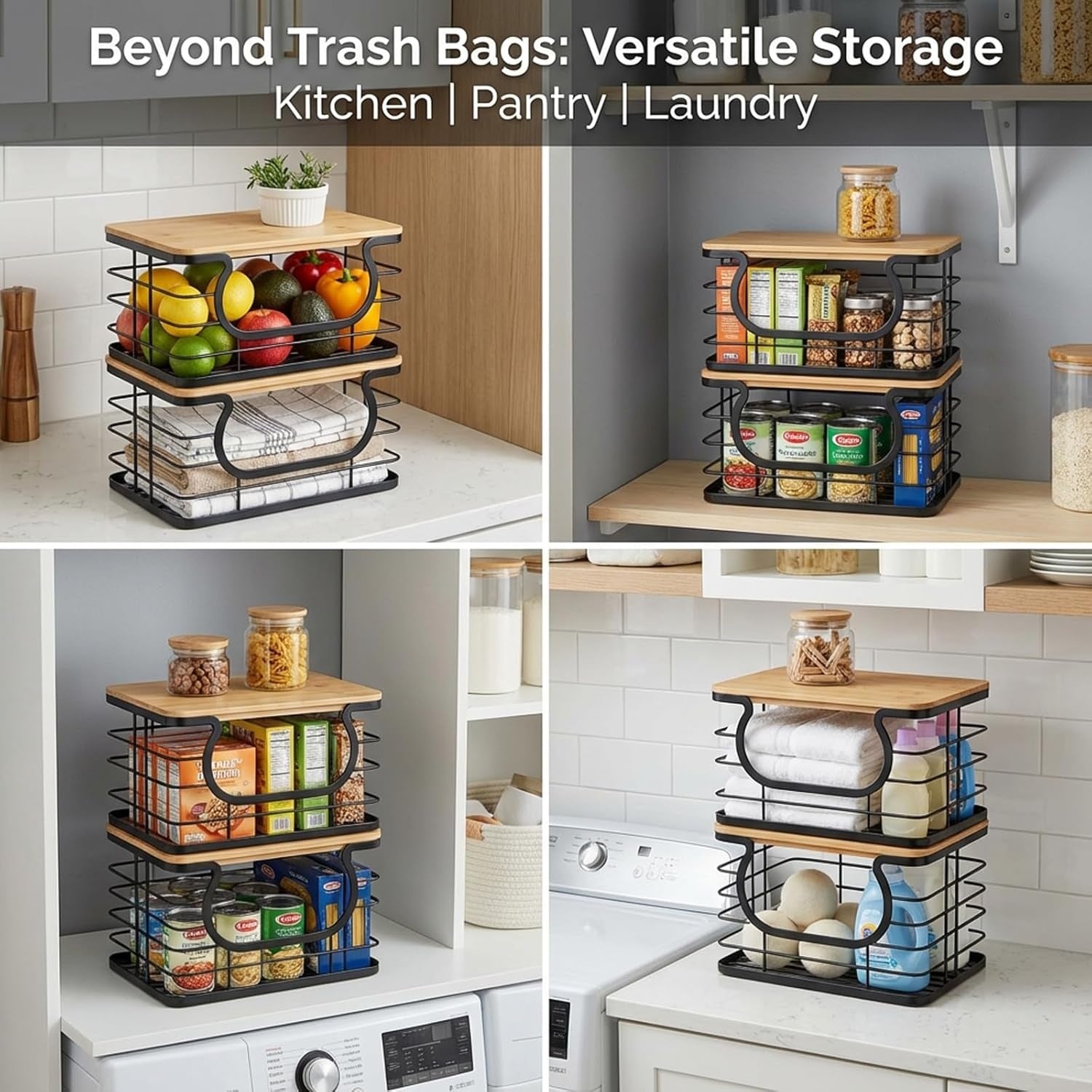 Pack of 2 Stackable Trash Bag Holder with Natural Fiber Top