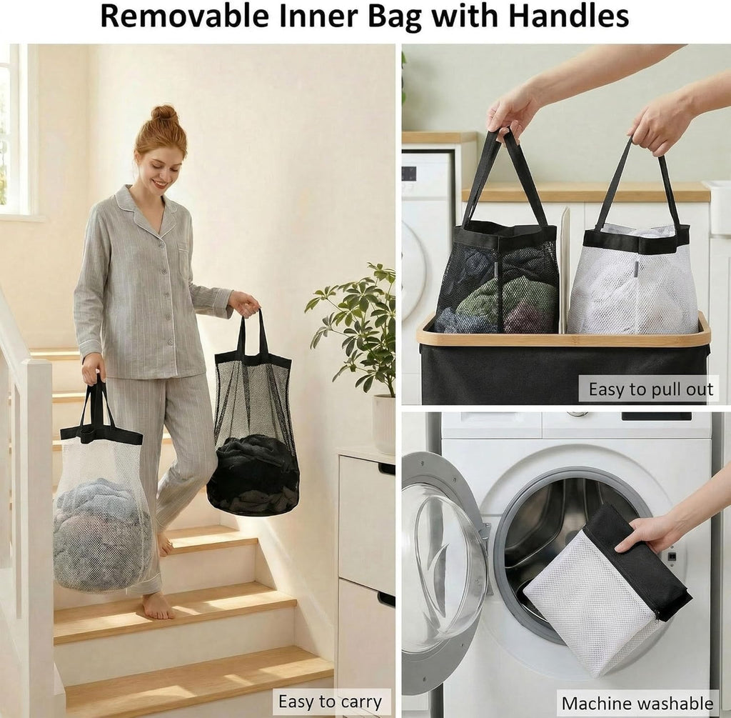 140L Double Laundry Hamper with Lid 2 Removable Bags Bamboo Handles Laundry Basket