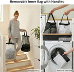 140L Double Laundry Hamper with Lid 2 Removable Bags Bamboo Handles Laundry Basket