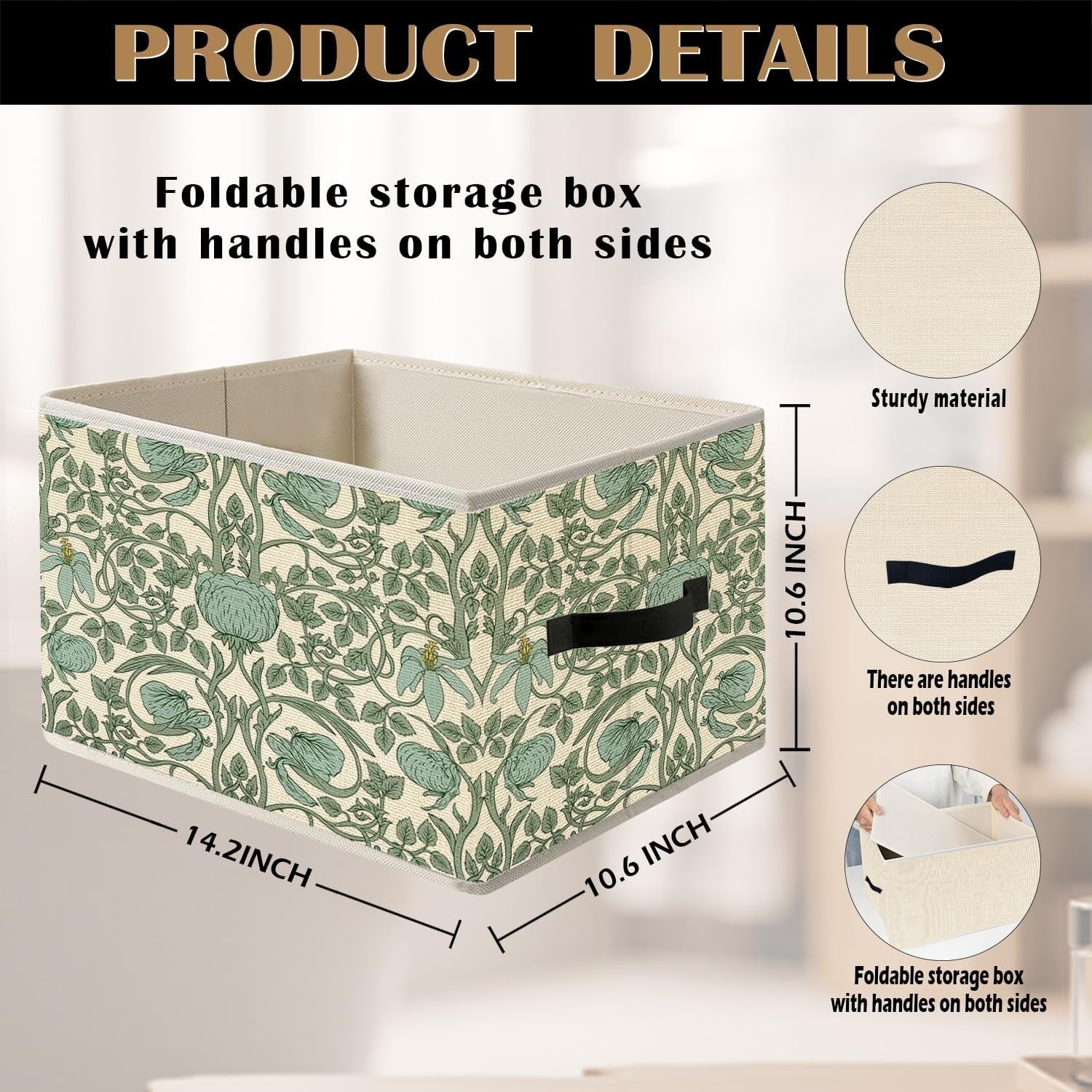 Foldable Storage Bin Box with Handles Vine Floral Organizer Basket