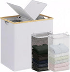 140L Double Laundry Hamper with Lid 2 Removable Bags Bamboo Handles Laundry Basket