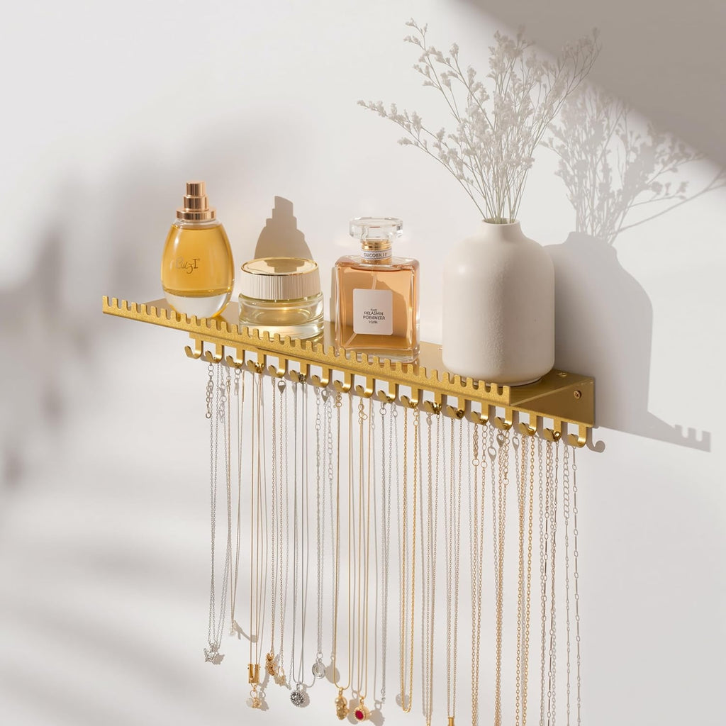 Wall Mounted Necklace Holder Jewelry Organizer Shelf with 56 Hooks and Tray