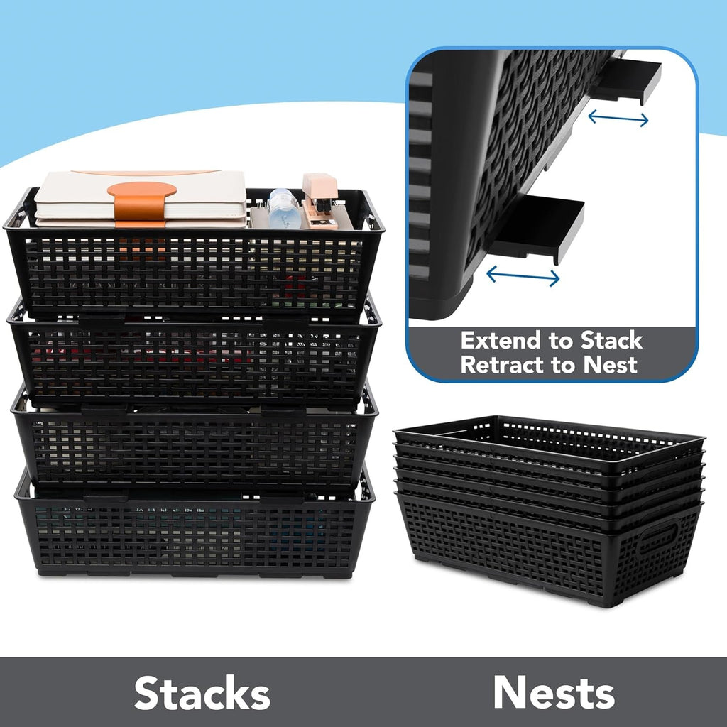 Pack of 6 Stackable Woven Plastic Storage Baskets Pantry Organizer Bins