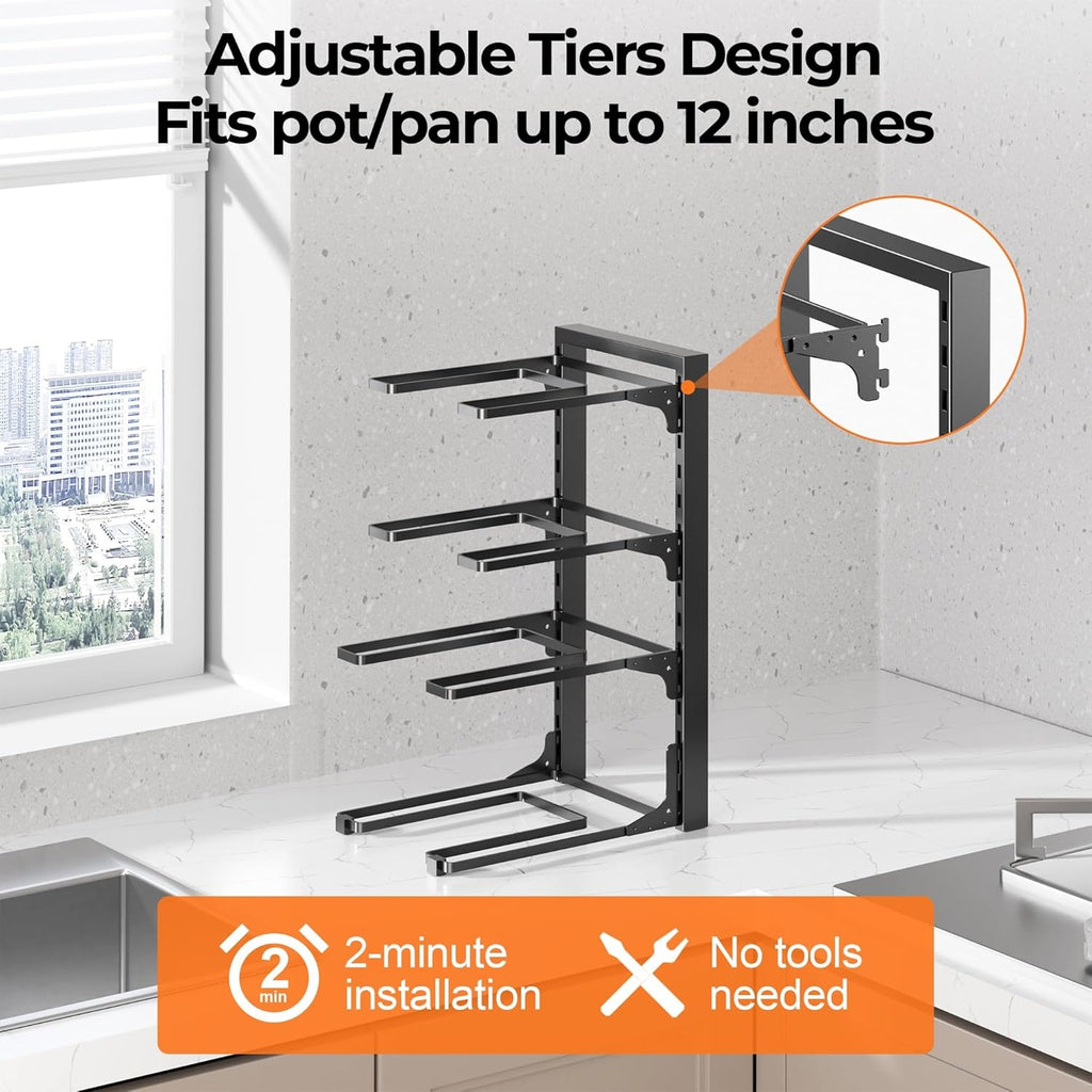 4 Tier Pots and Pans Organizer Rack Adjustable Under Cabinet Cookware Holder