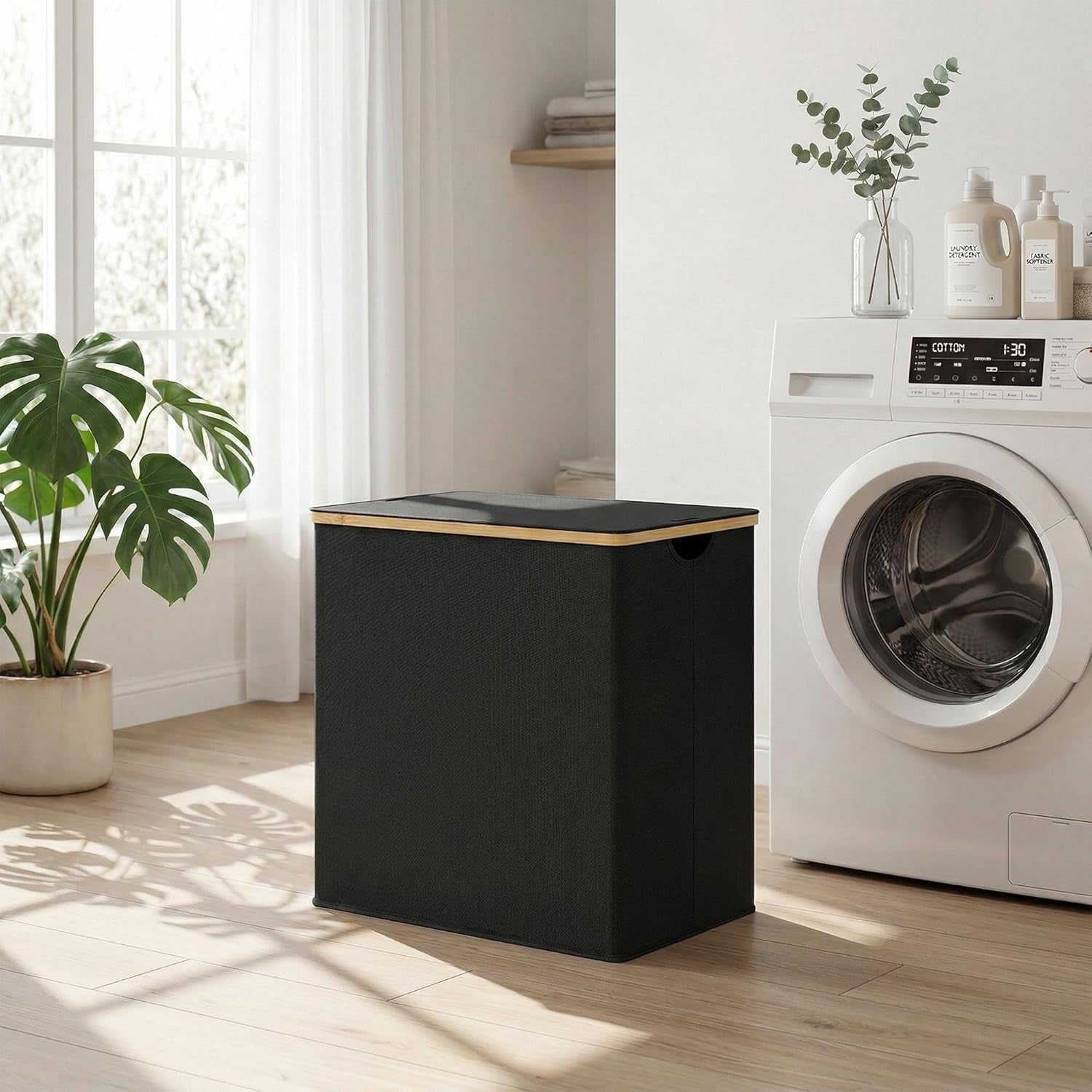 140L Double Laundry Hamper with Lid 2 Removable Bags Bamboo Handles Laundry Basket
