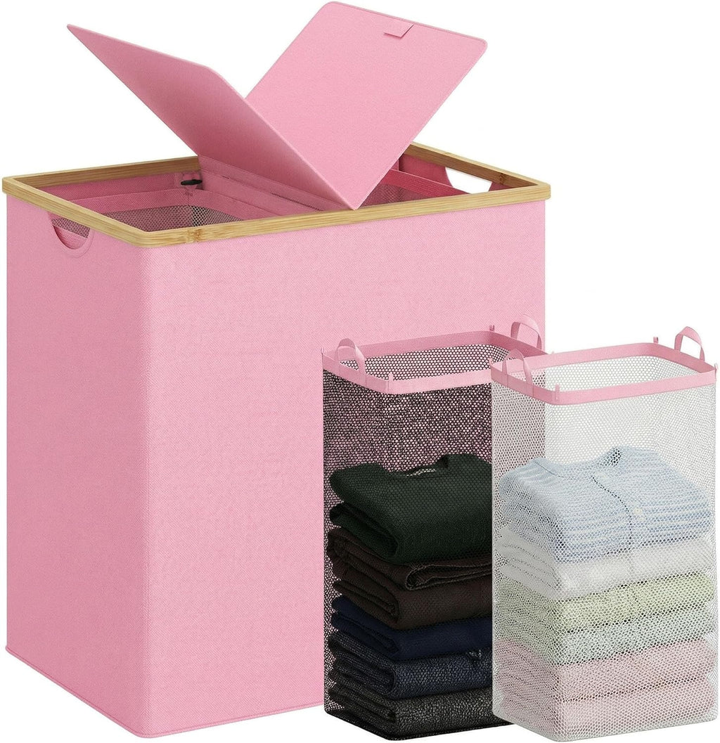 140L Double Laundry Hamper with Lid 2 Removable Bags Bamboo Handles Laundry Basket