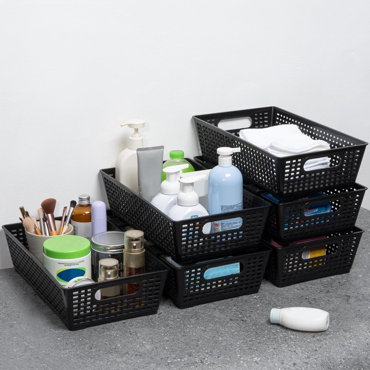 Pack of 6 Stackable Woven Plastic Storage Baskets Pantry Organizer Bins