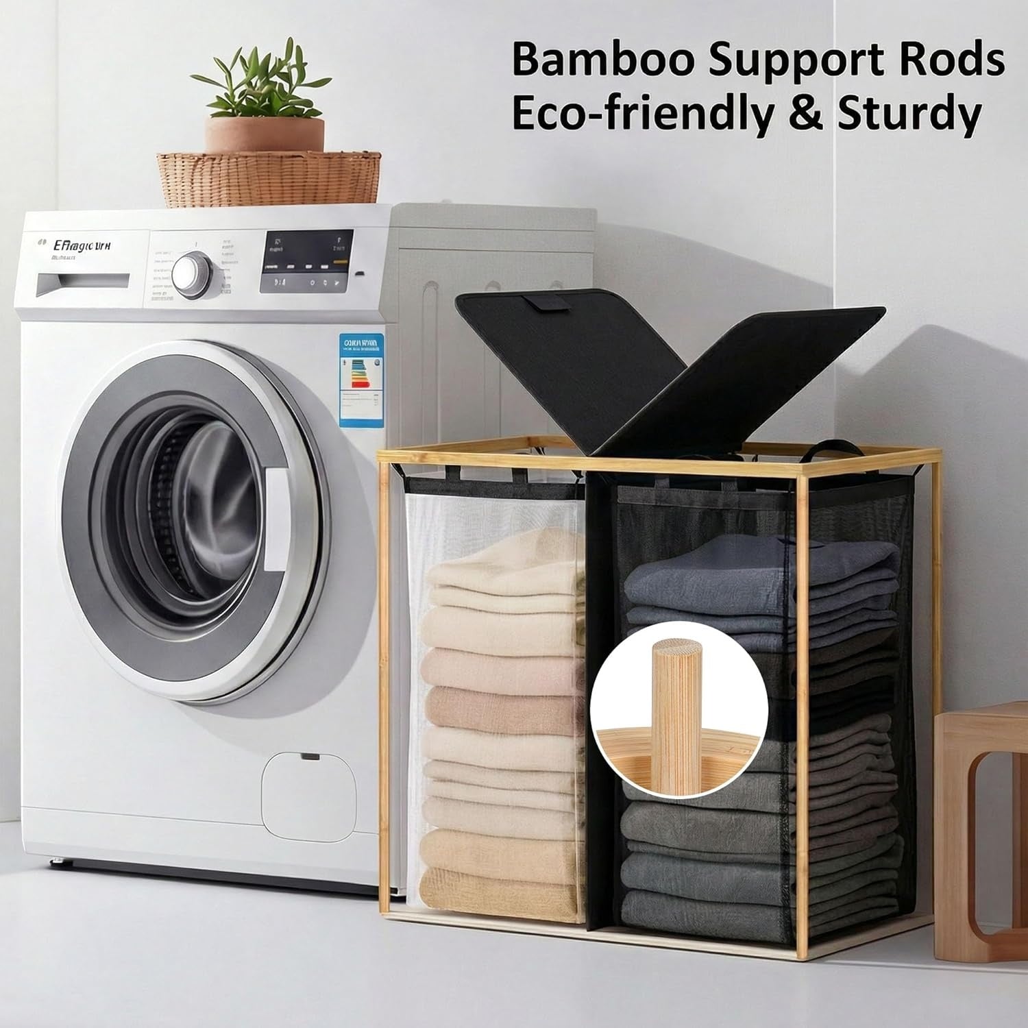 140L Double Laundry Hamper with Lid 2 Removable Bags Bamboo Handles Laundry Basket