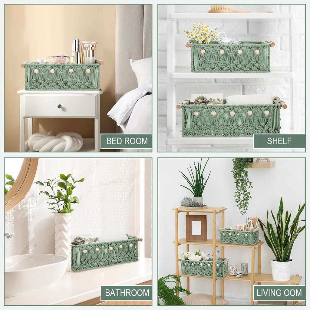 Pack of 4 Macrame Storage Baskets with Wood Handles