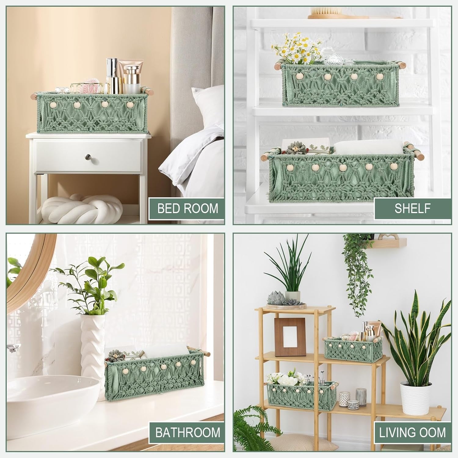 Pack of 4 Macrame Storage Baskets with Wood Handles