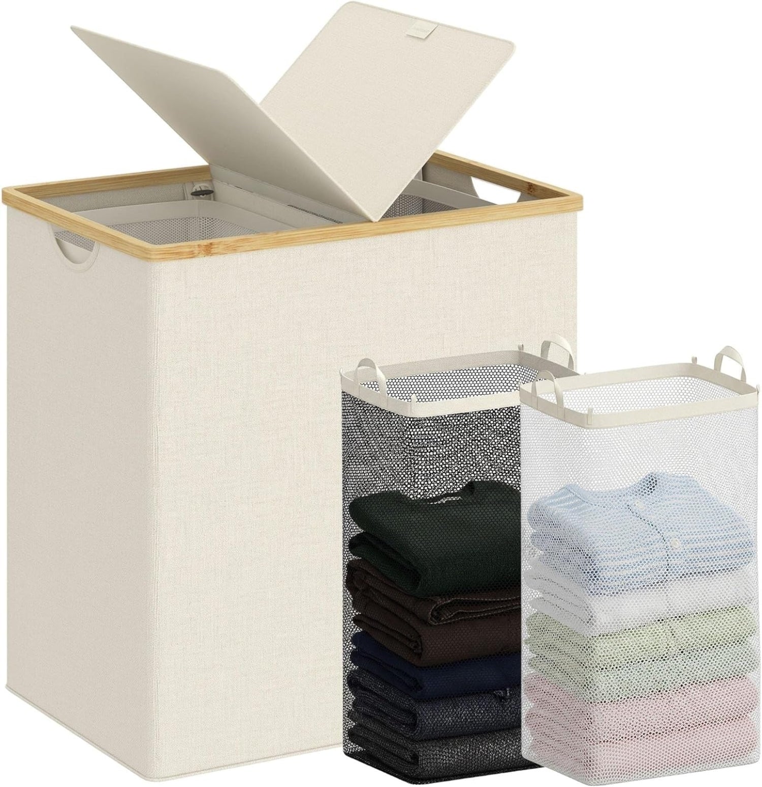 140L Double Laundry Hamper with Lid 2 Removable Bags Bamboo Handles Laundry Basket