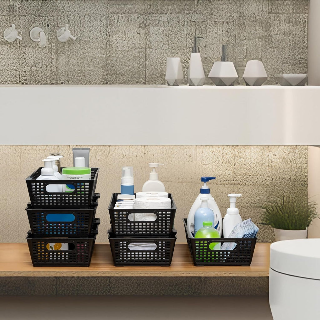 Pack of 6 Stackable Woven Plastic Storage Baskets Pantry Organizer Bins