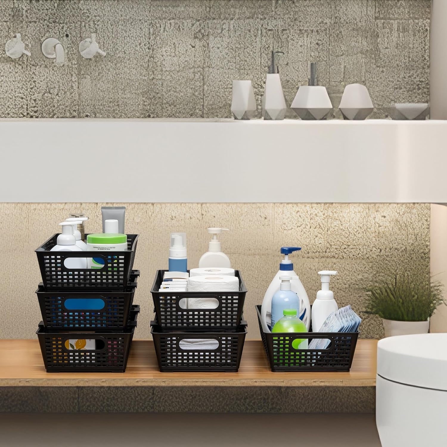 Pack of 6 Stackable Woven Plastic Storage Baskets Pantry Organizer Bins