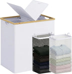140L Double Laundry Hamper with Lid 2 Removable Bags Bamboo Handles Laundry Basket