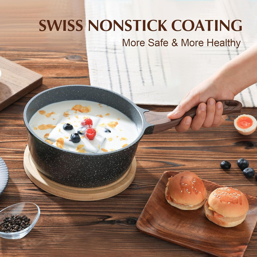 1.5 Qt Nonstick Saucepan with Lid Induction Compatible Small Cooking Pot