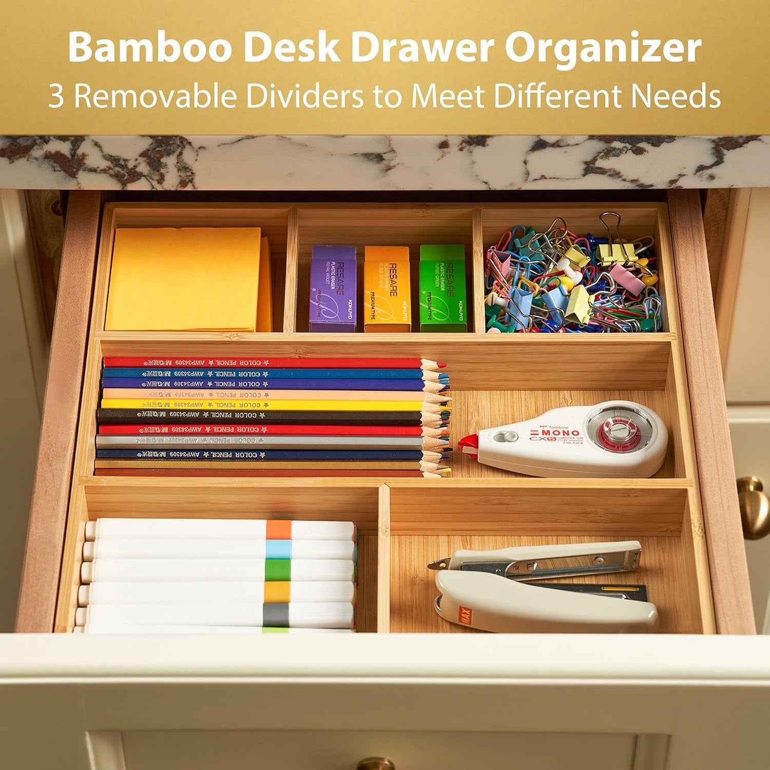 Bamboo Desk Drawer Organizer with Adjustable Dividers Wood Storage Tray