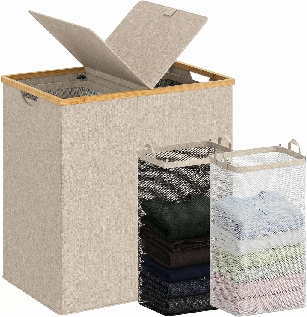 140L Double Laundry Hamper with Lid 2 Removable Bags Bamboo Handles Laundry Basket