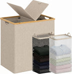140L Double Laundry Hamper with Lid 2 Removable Bags Bamboo Handles Laundry Basket
