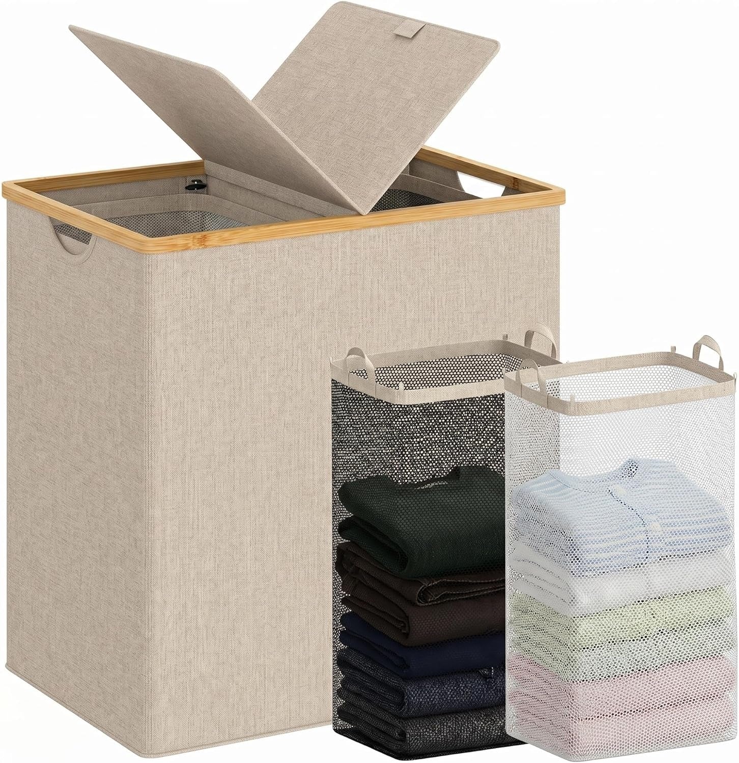 140L Double Laundry Hamper with Lid 2 Removable Bags Bamboo Handles Laundry Basket