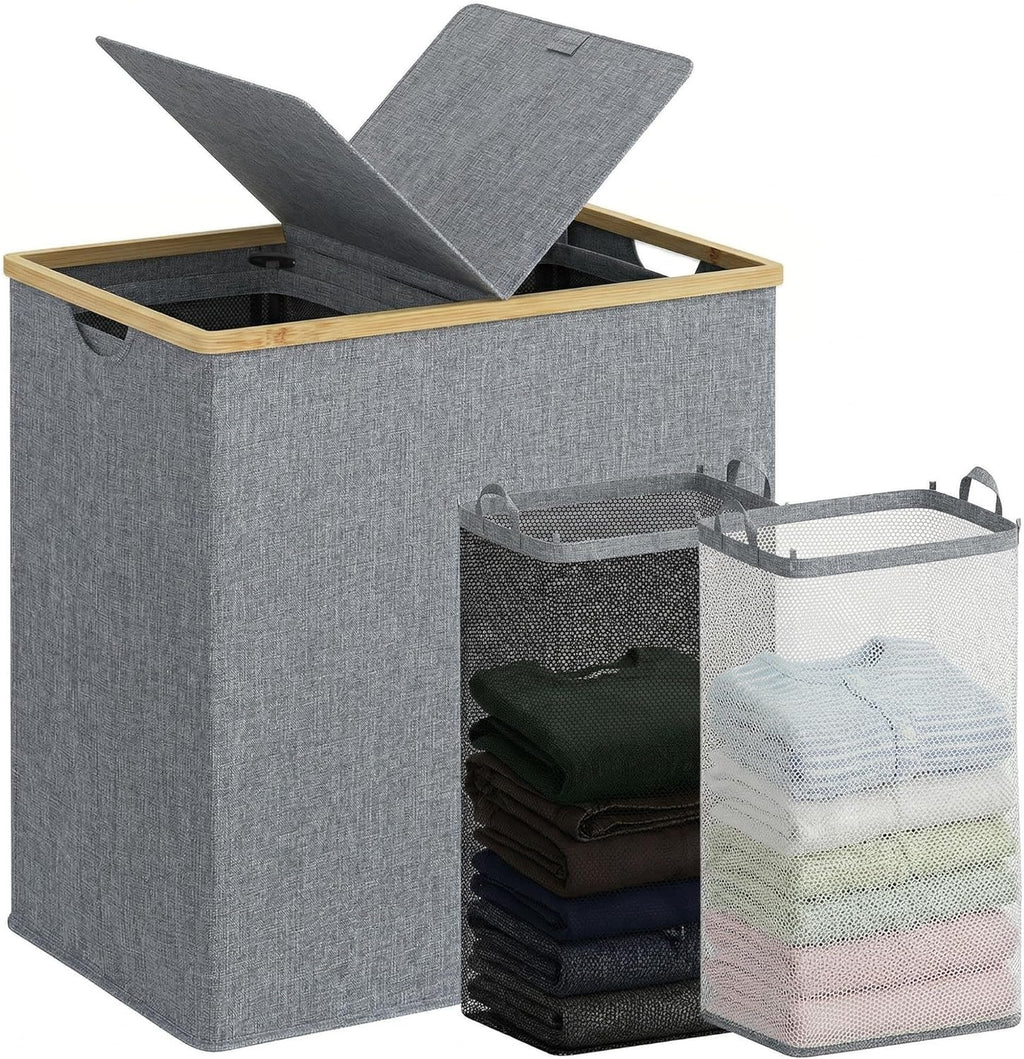 140L Double Laundry Hamper with Lid 2 Removable Bags Bamboo Handles Laundry Basket