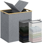 140L Double Laundry Hamper with Lid 2 Removable Bags Bamboo Handles Laundry Basket