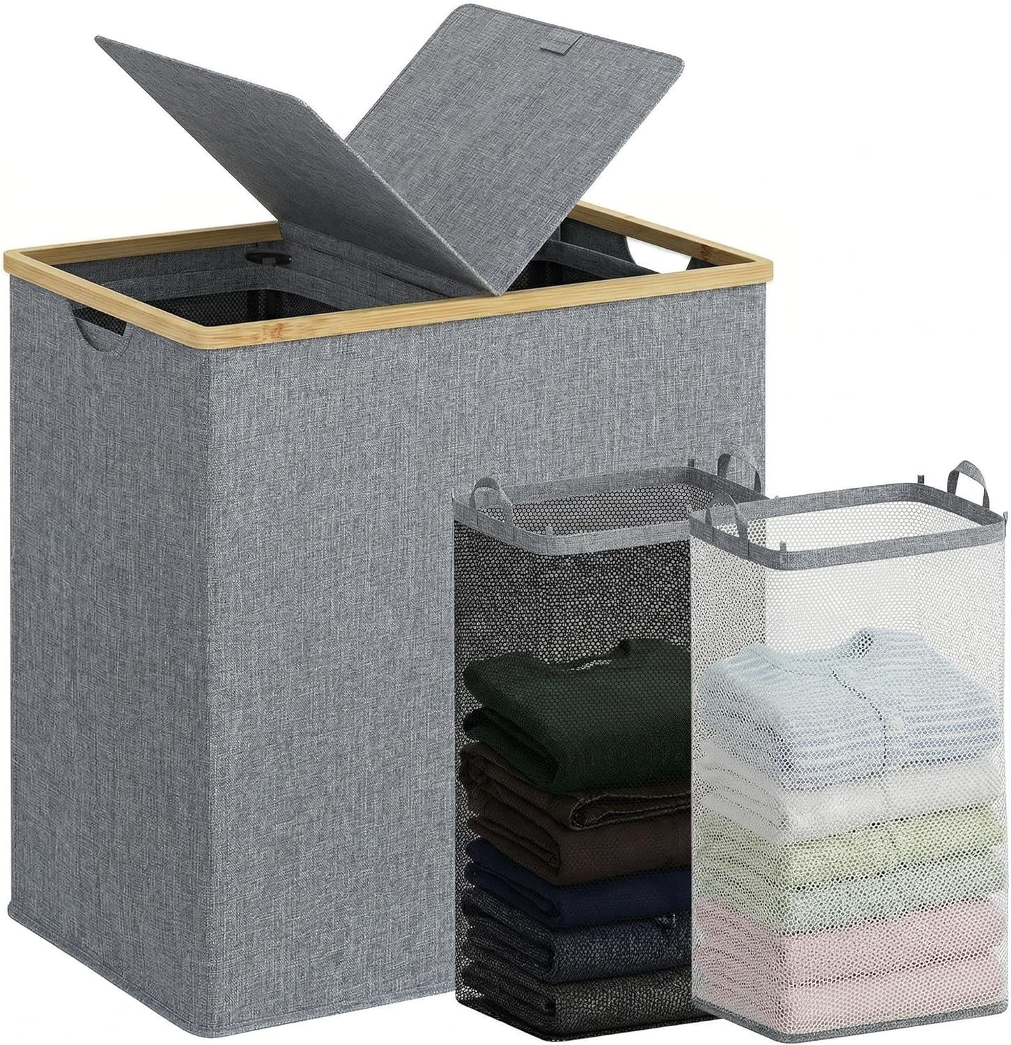 140L Double Laundry Hamper with Lid 2 Removable Bags Bamboo Handles Laundry Basket