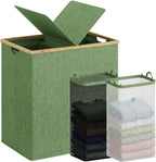 140L Double Laundry Hamper with Lid 2 Removable Bags Bamboo Handles Laundry Basket