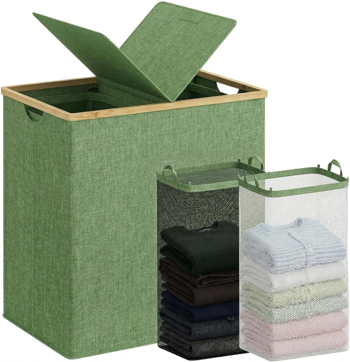 140L Double Laundry Hamper with Lid 2 Removable Bags Bamboo Handles Laundry Basket