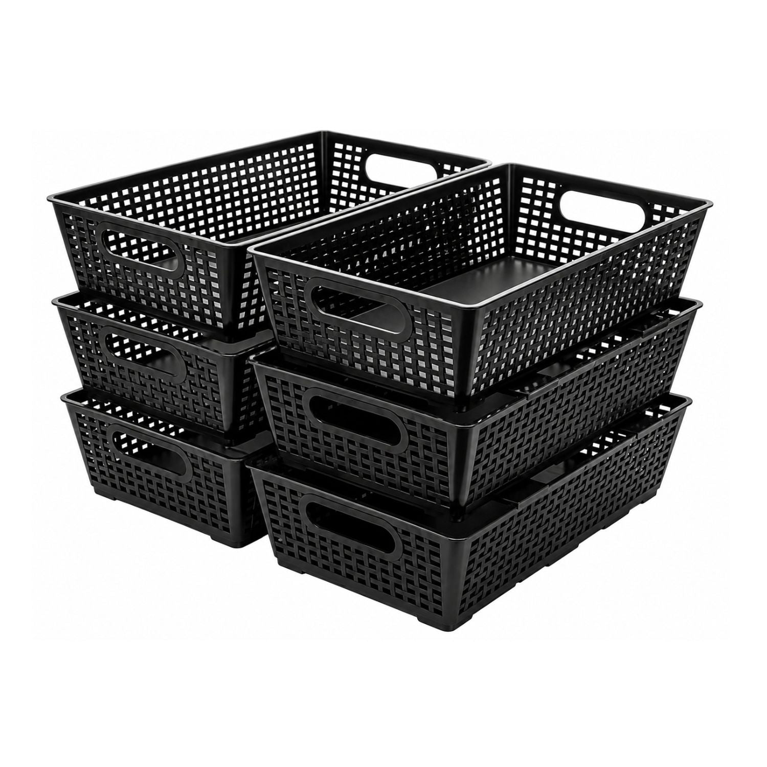 Pack of 6 Stackable Woven Plastic Storage Baskets Pantry Organizer Bins